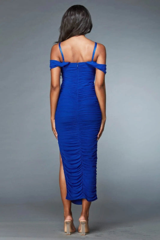 Off Shouder Mesh Royal Blue Midi Dress - IVORYNN