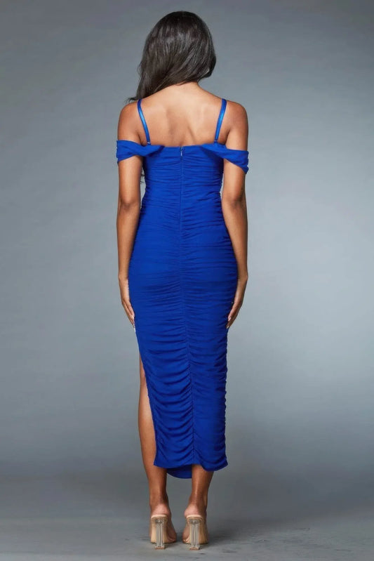 Off Shouder Mesh Royal Blue Midi Dress - IVORYNN
