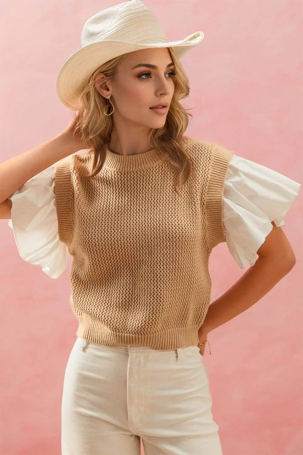 Oh Full Size Ruffled Round Neck Short Sleeve Sweater - IVORYNN