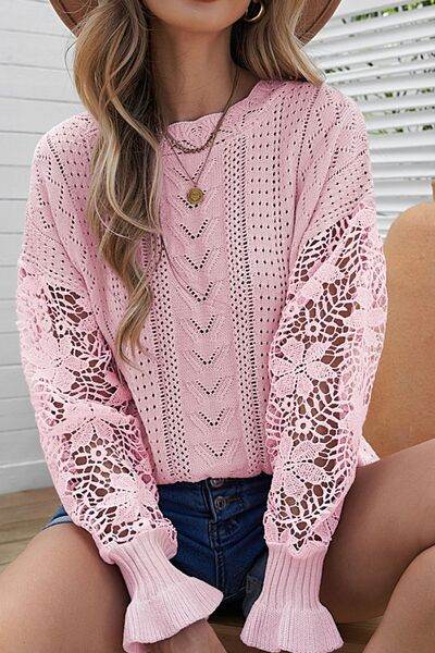 Openwork Round Neck Long Sleeve Sweater - IVORYNN