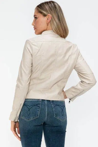 PU Leather Zip Up Jacket with Pockets - IVORYNN