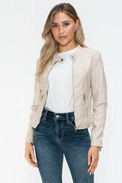 PU Leather Zip Up Jacket with Pockets - IVORYNN