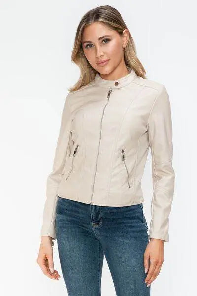 PU Leather Zip Up Jacket with Pockets - IVORYNN