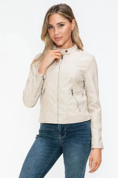 PU Leather Zip Up Jacket with Pockets - IVORYNN
