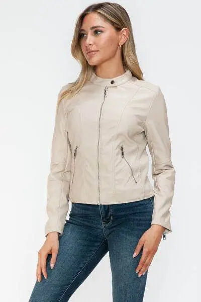 PU Leather Zip Up Jacket with Pockets - IVORYNN