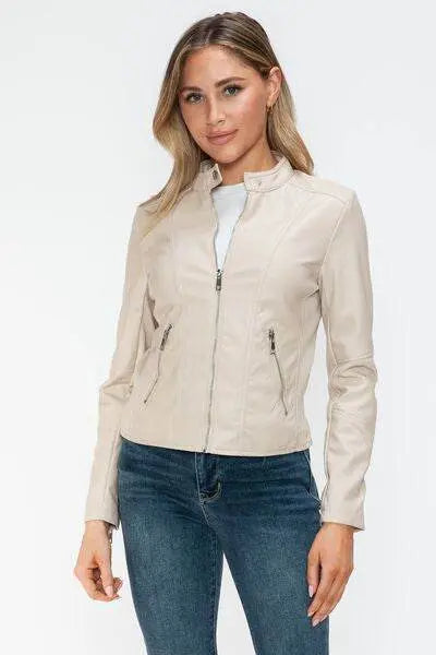 PU Leather Zip Up Jacket with Pockets - IVORYNN