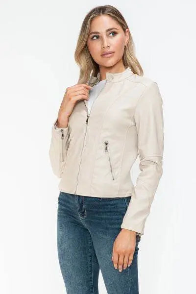 PU Leather Zip Up Jacket with Pockets - IVORYNN