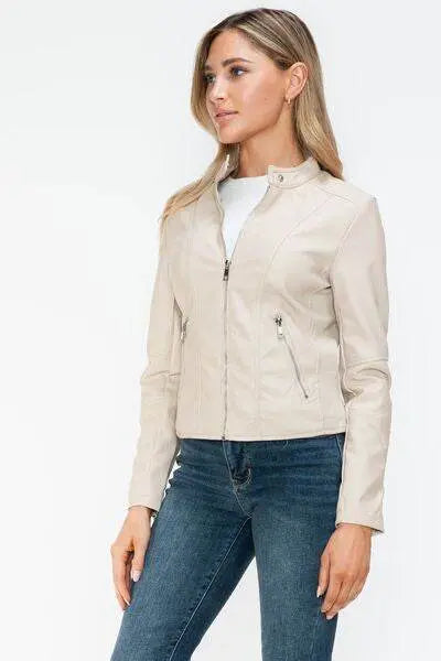 PU Leather Zip Up Jacket with Pockets - IVORYNN