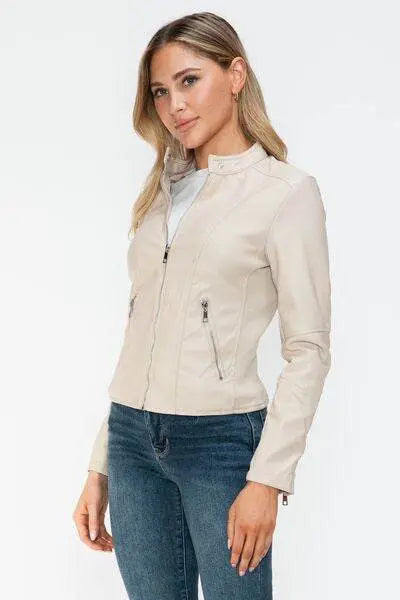 PU Leather Zip Up Jacket with Pockets - IVORYNN
