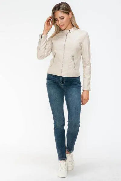PU Leather Zip Up Jacket with Pockets - IVORYNN