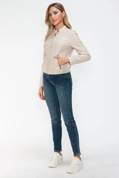 PU Leather Zip Up Jacket with Pockets - IVORYNN