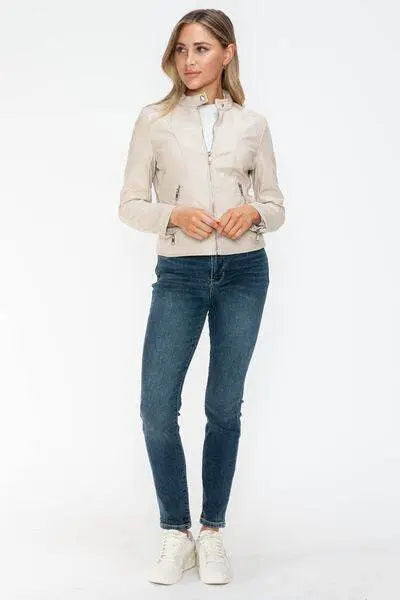 PU Leather Zip Up Jacket with Pockets - IVORYNN