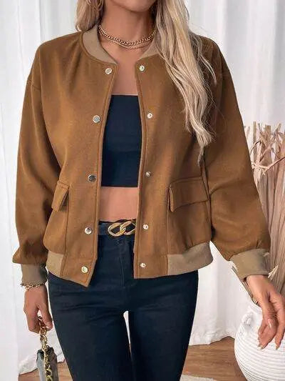 Perfee Baseball Collar Snap Down Jacket - IVORYNN