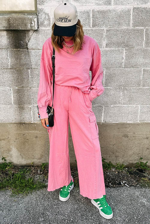 Pink Pullover and Wide Leg Cargo Pants Sachet Set - IVORYNN
