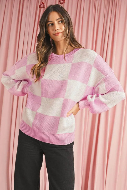 Plaid Bishop Sleeve Pullover Sweater - IVORYNN