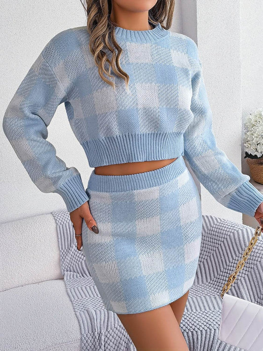 Plaid Round Neck Top and Skirt Sweater Set - IVORYNN