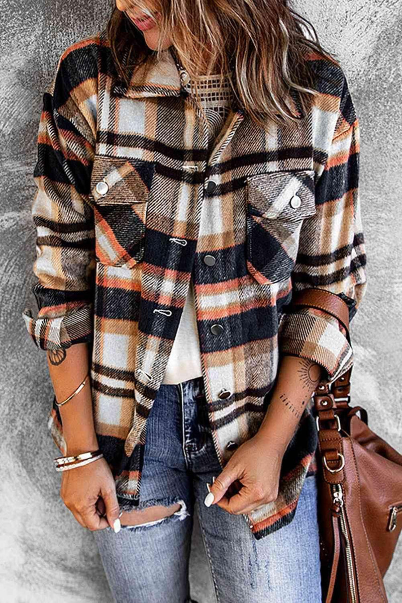 Plaid Shirt Jacket with Breast Pockets - IVORYNN