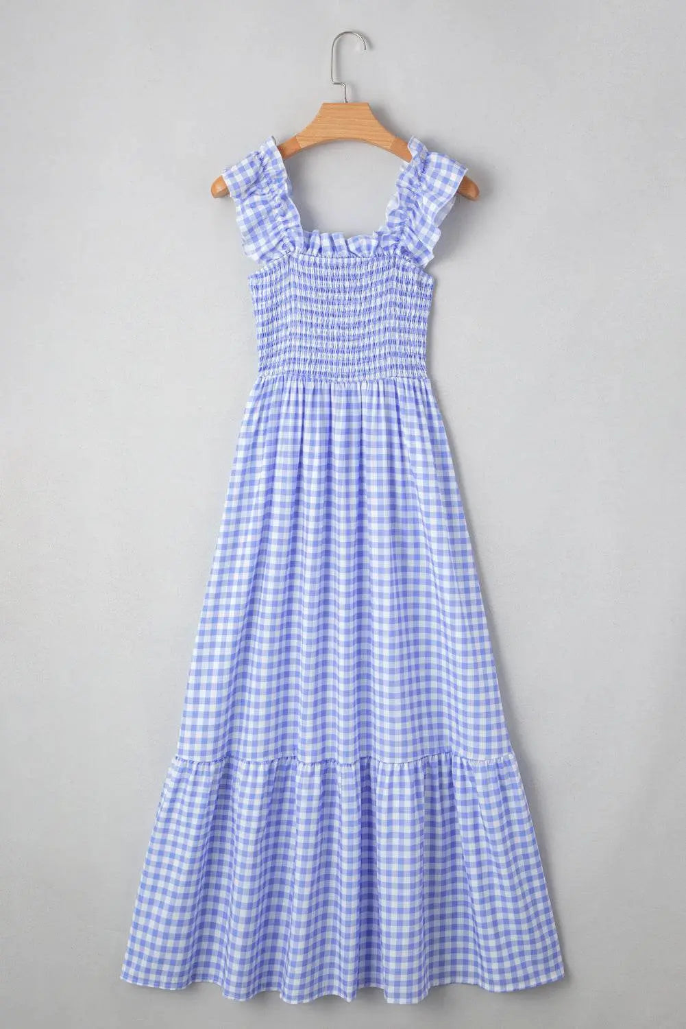 Plaid Square Neck Sleeveless Sky Blue Maxi Dress - IVORYNN