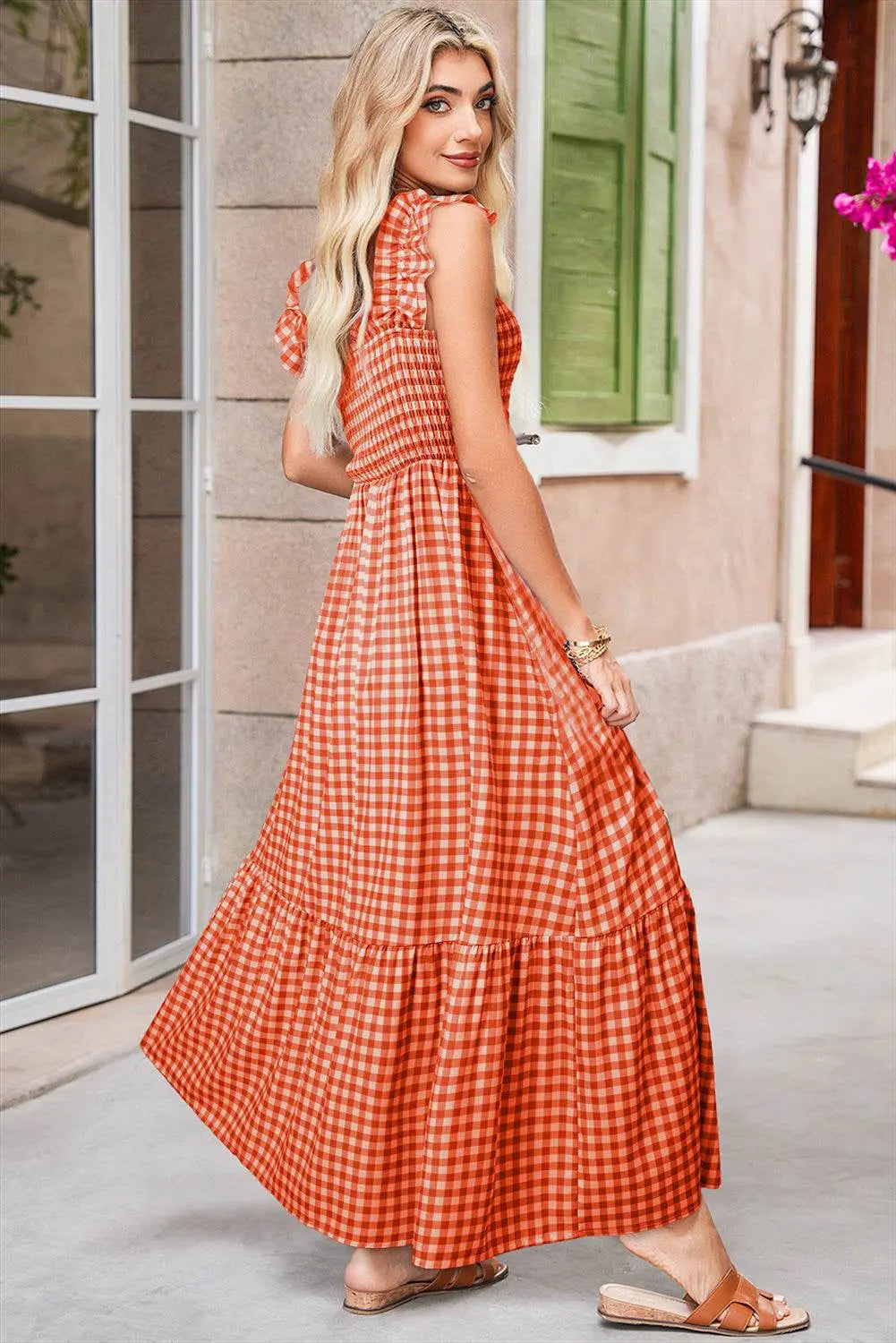 Plaid Square Neck Sleeveless Sky Blue Maxi Dress - IVORYNN