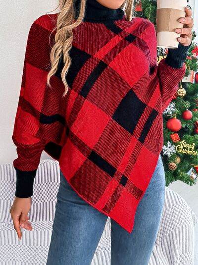 Plaid Turtleneck Batwing Sleeve Sweater - IVORYNN
