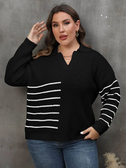 Plus Size Striped V-Neck Sweater - IVORYNN