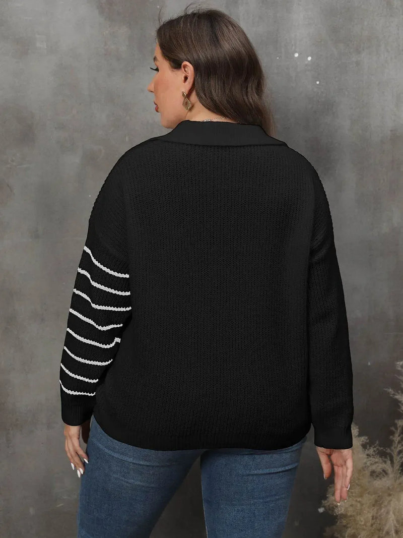 Plus Size Striped V-Neck Sweater - IVORYNN