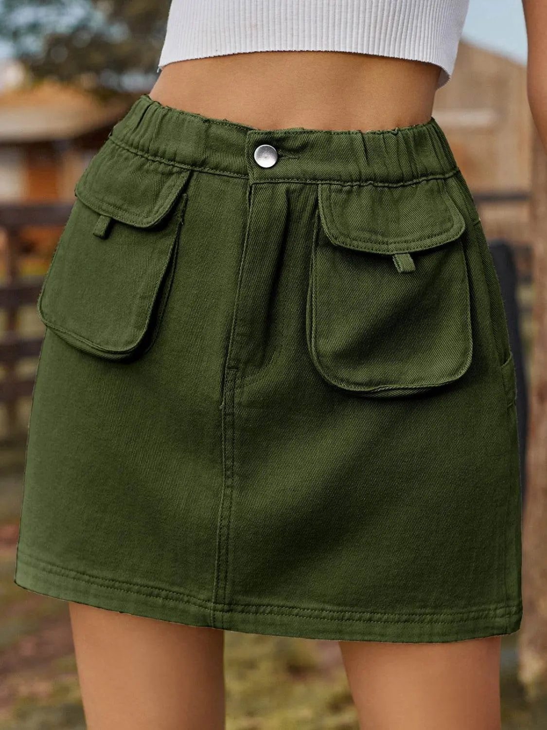 Pocketed Elastic Waist Denim Skirt - IVORYNN
