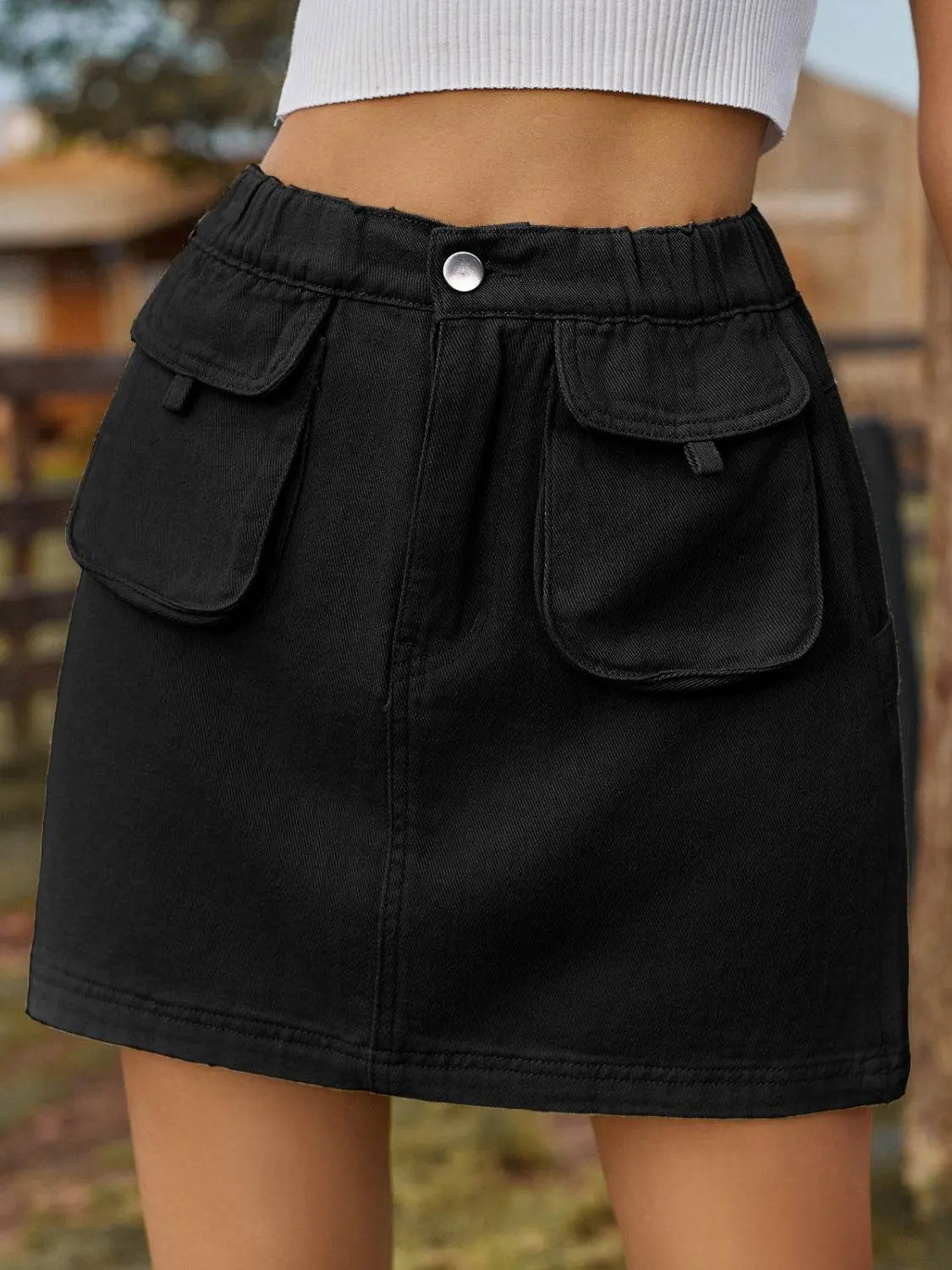 Pocketed Elastic Waist Denim Skirt - IVORYNN