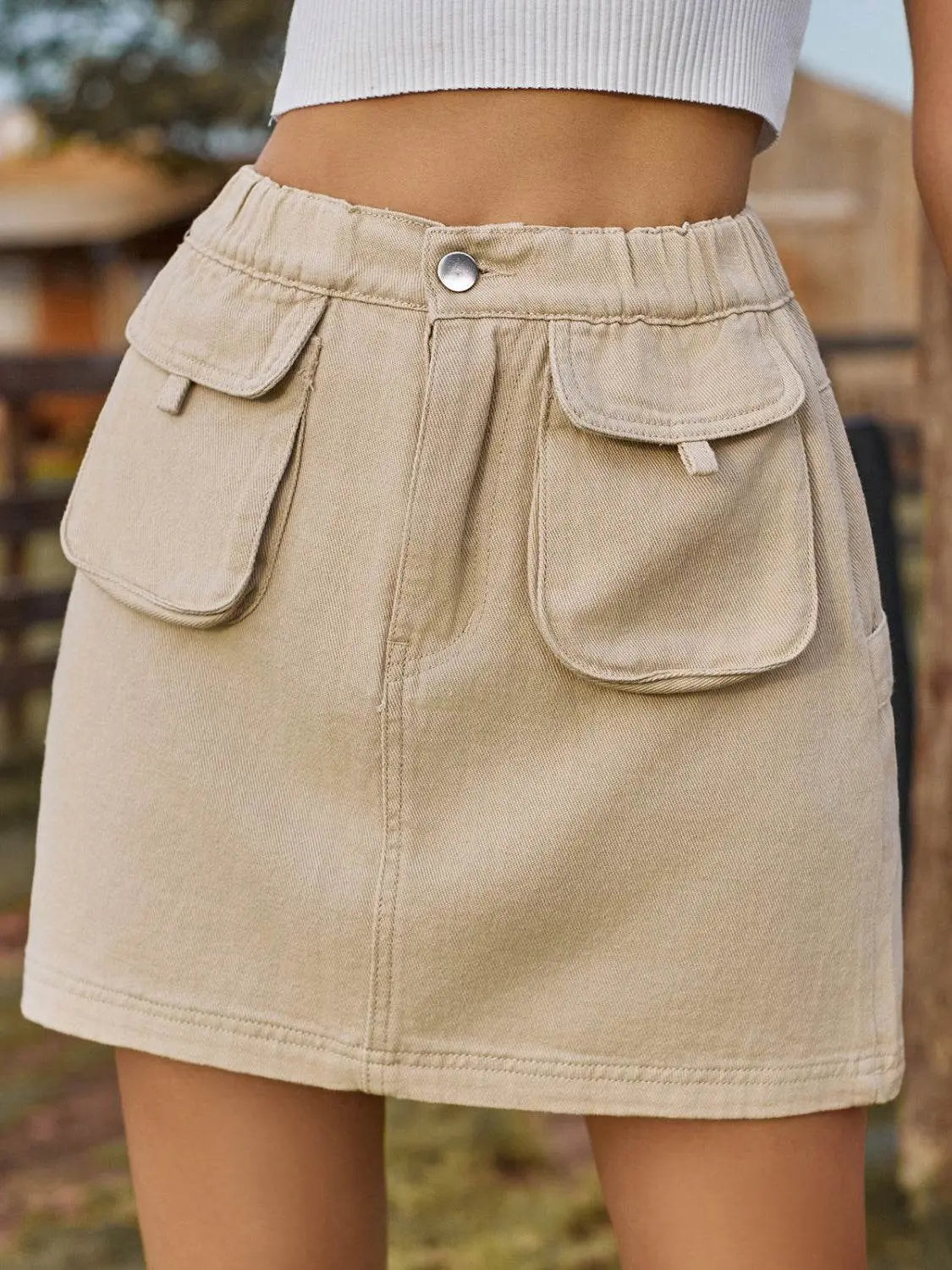 Pocketed Elastic Waist Denim Skirt - IVORYNN