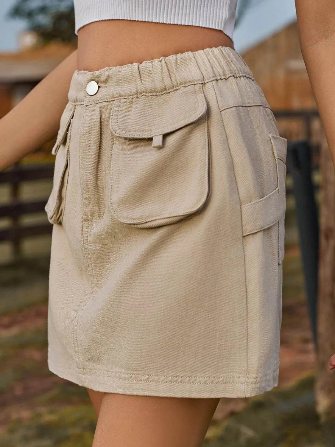 Pocketed Elastic Waist Denim Skirt - IVORYNN