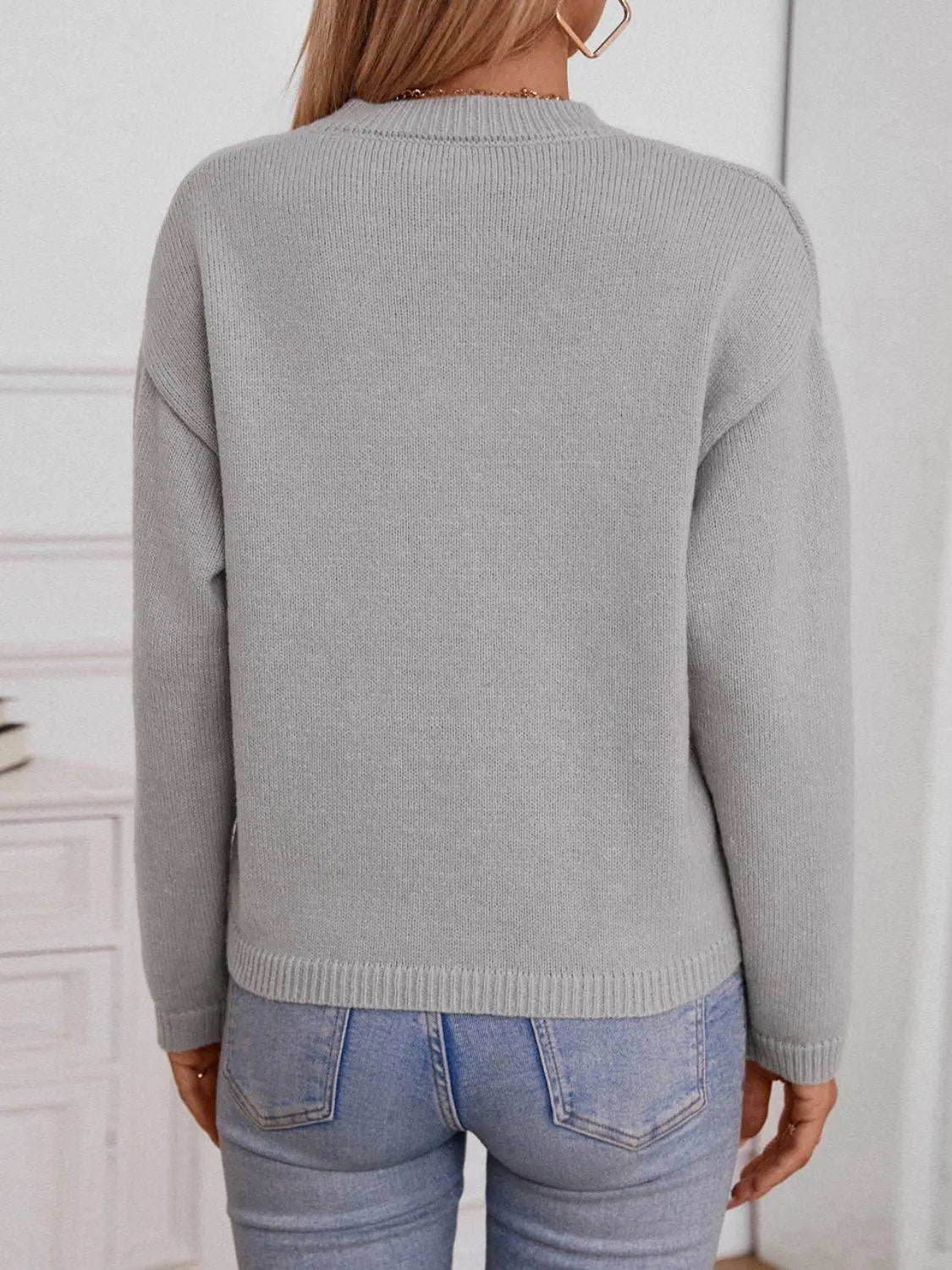 Pocketed Notched Long Sleeve Knitted Sweaters - IVORYNN