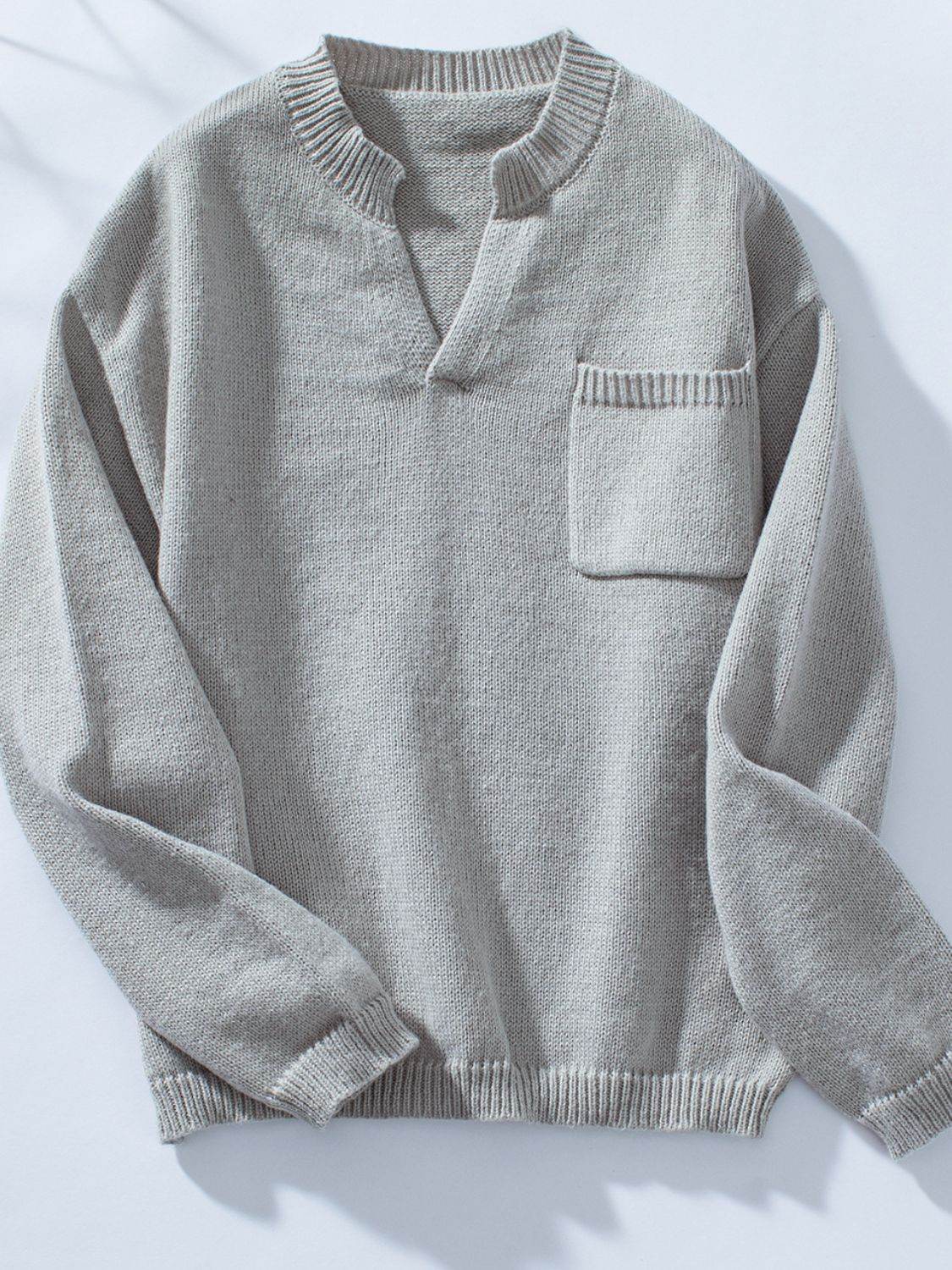 Pocketed Notched Long Sleeve Knitted Sweaters - IVORYNN