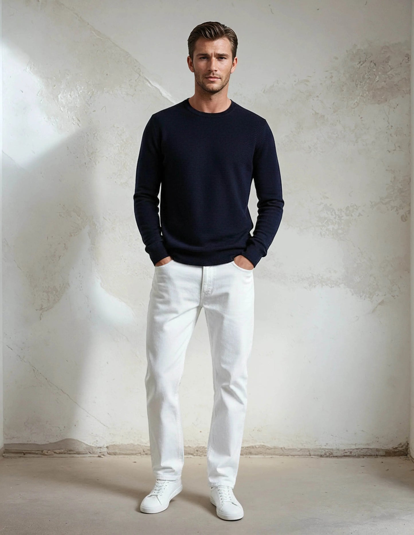 Premium Extra Fine Merino Wool Navy Sweater - IVORYNN