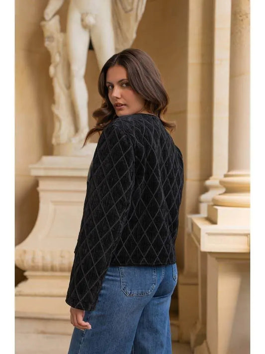 Quilted Velvet Black Jacket with Leather Pocket - IVORYNN