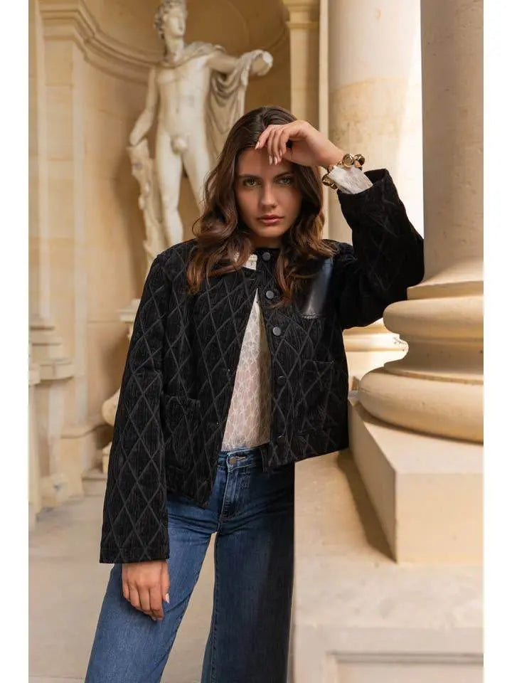 Quilted Velvet Black Jacket with Leather Pocket - IVORYNN