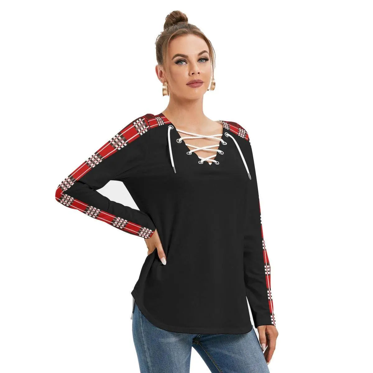 Red Plaid Long Sleeve Neckline Tie Black Sweatshirt - IVORYNN
