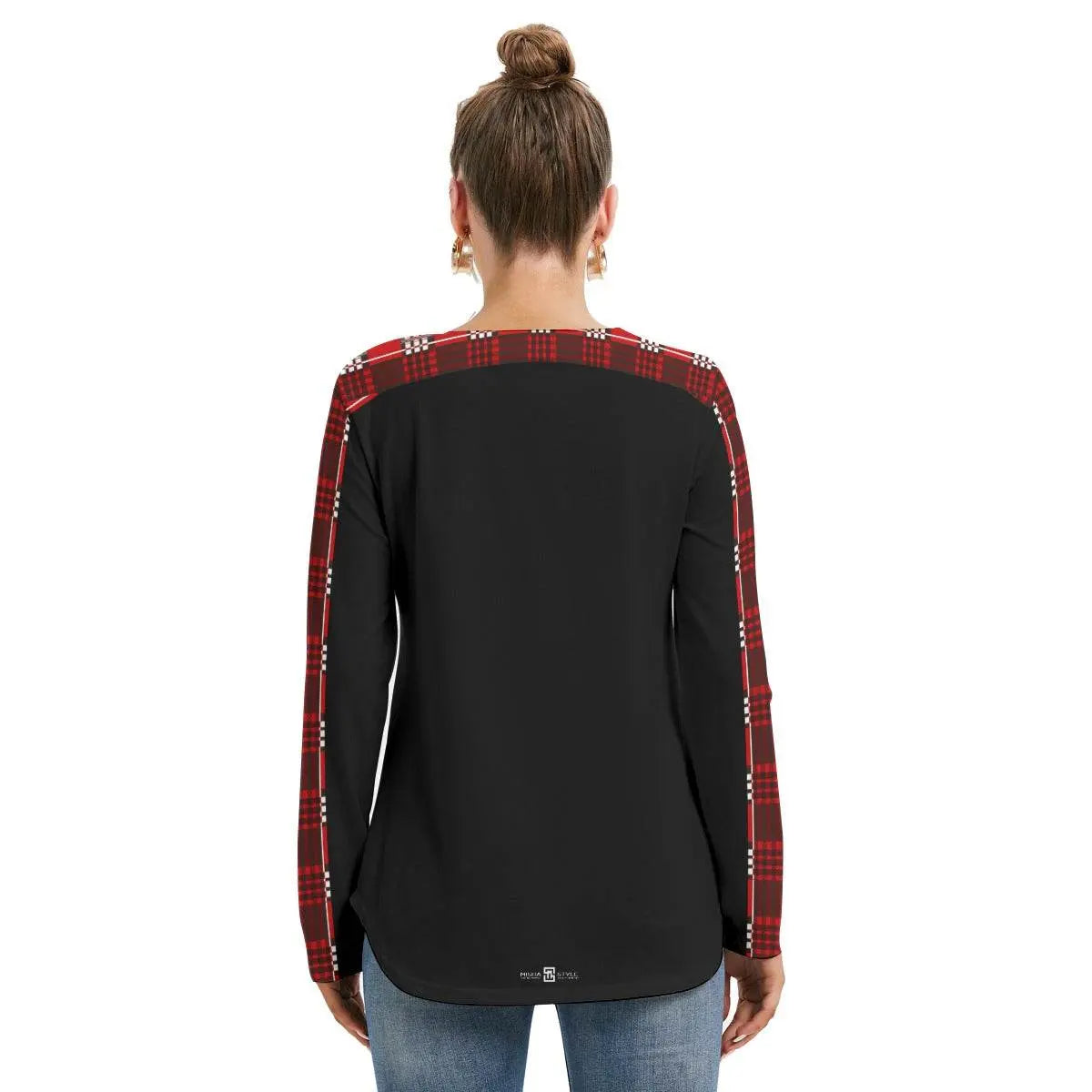 Red Plaid Long Sleeve Neckline Tie Black Sweatshirt - IVORYNN