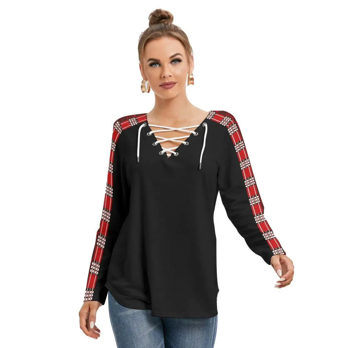 Red Plaid Long Sleeve Neckline Tie Black Sweatshirt - IVORYNN
