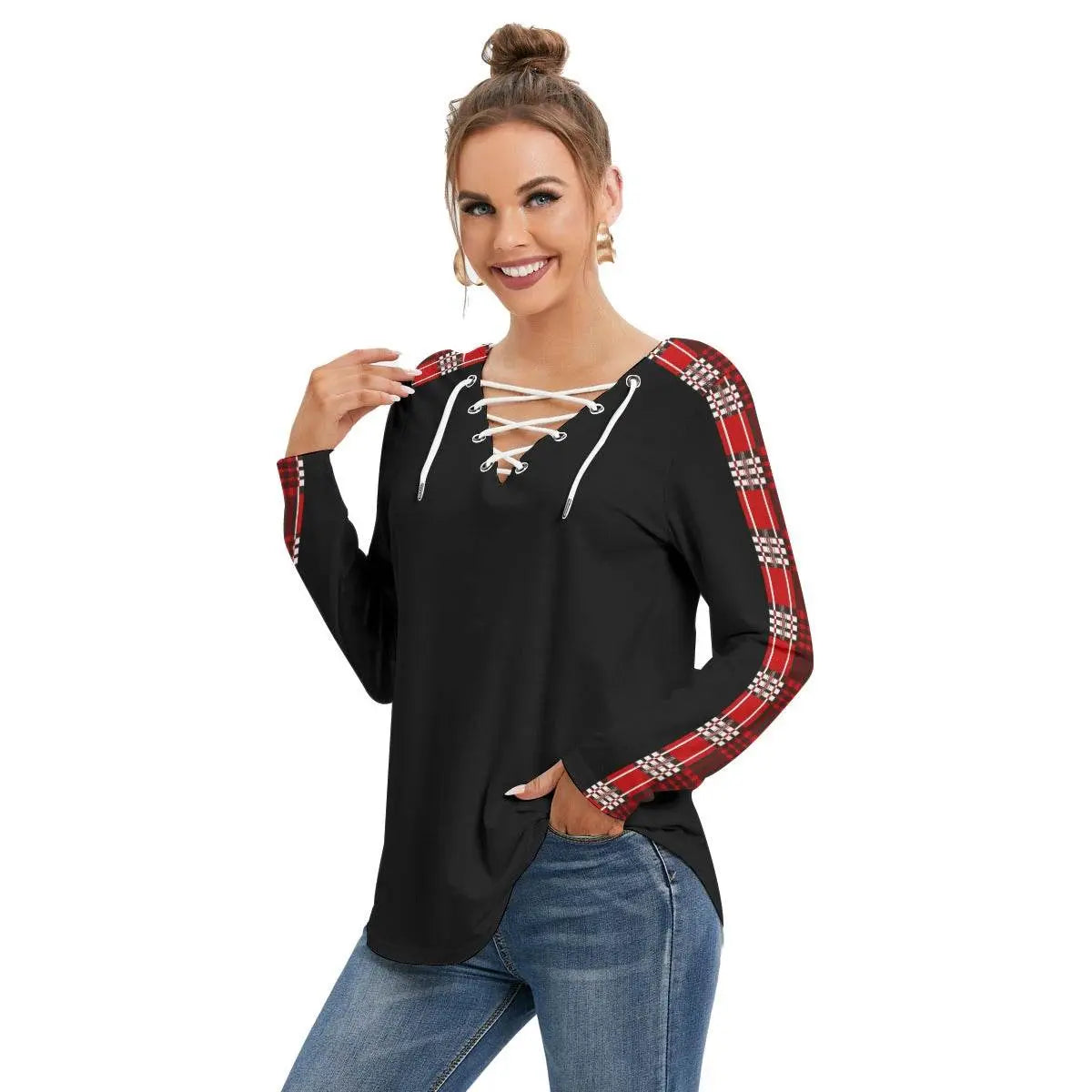 Red Plaid Long Sleeve Neckline Tie Black Sweatshirt - IVORYNN