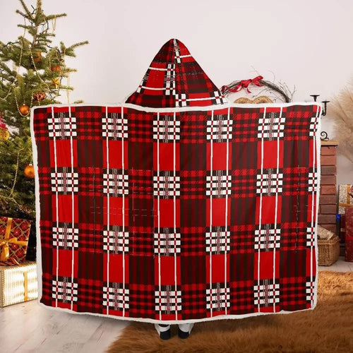 Red Velvet Plaid Very Warm Hooded Blanket - IVORYNN