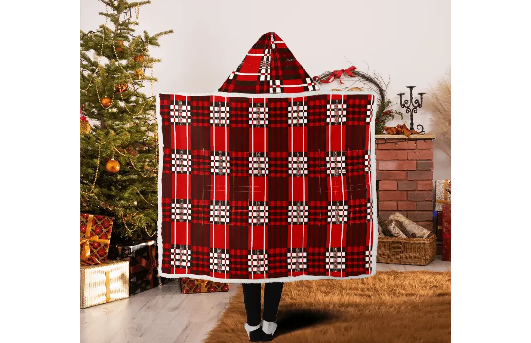 Red Velvet Plaid Very Warm Hooded Blanket - IVORYNN