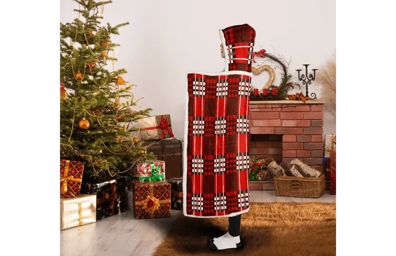 Red Velvet Plaid Very Warm Hooded Blanket - IVORYNN