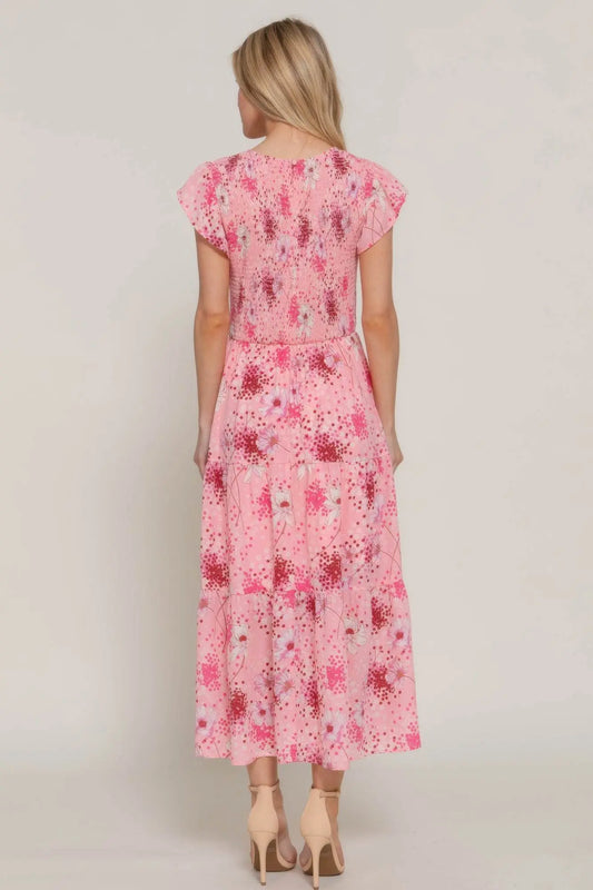 Ruffl Slv Smocked Floral Pinky Dresss - IVORYNN