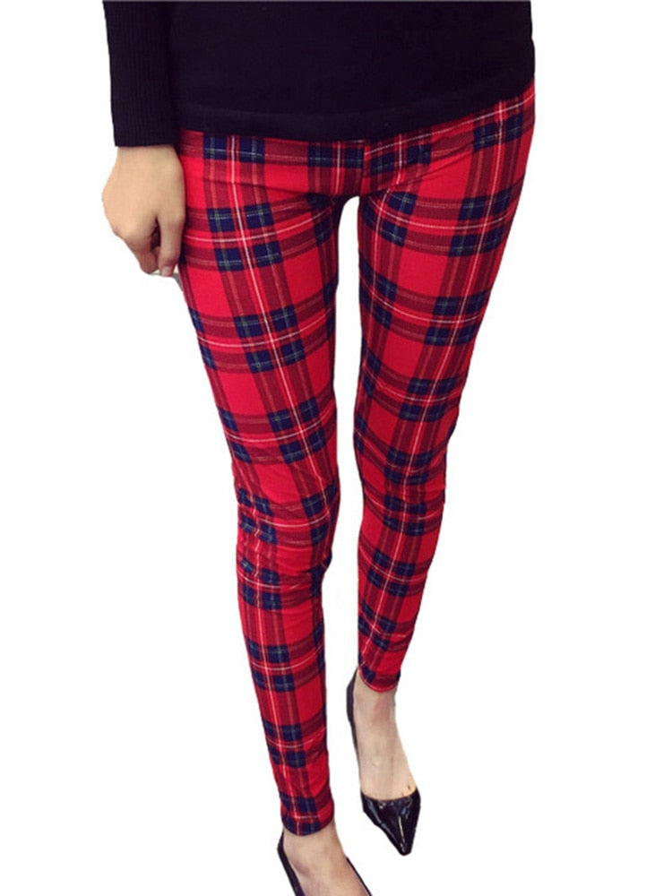 Patterned Print Vintage Elastic Leggins- Plaid