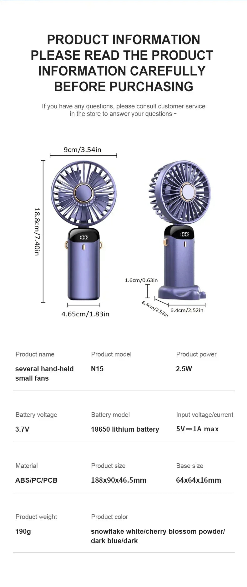 Handheld Mini Fan Foldable Portable 1800mAh