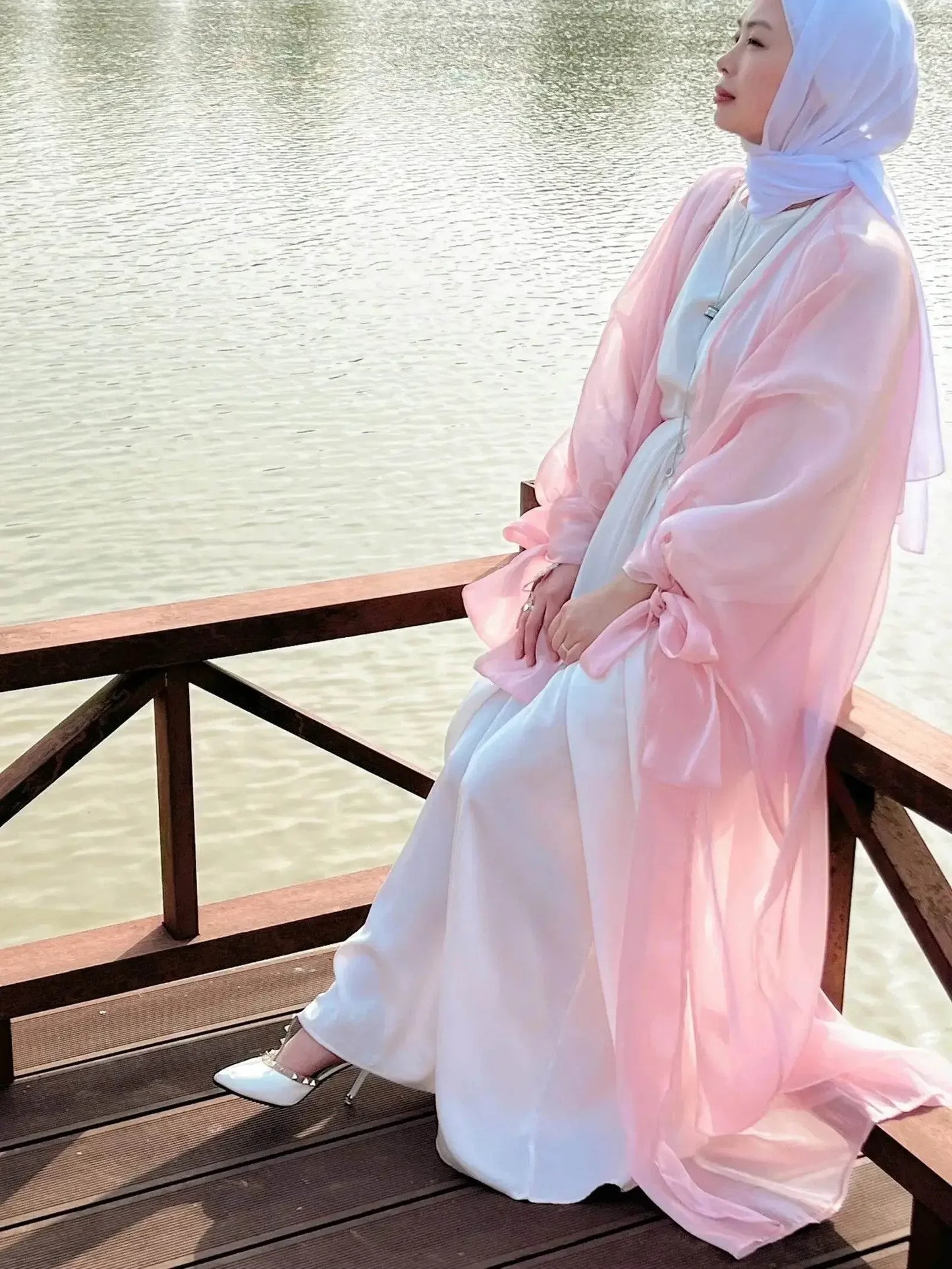 Shinny Women Open Abaya With Ribbon Cuff - IVORYNN