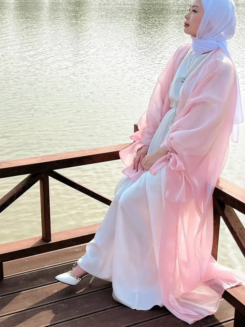 Shinny Women Open Abaya With Ribbon Cuff - IVORYNN