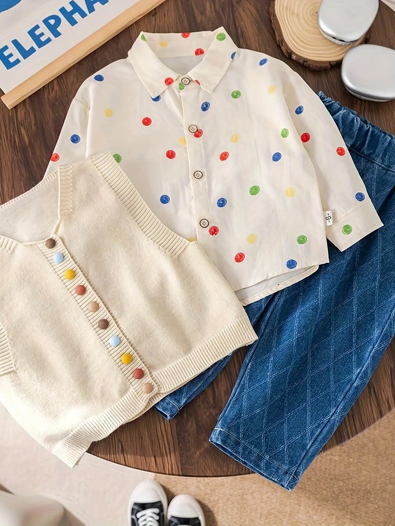 Shirt Sweater Cardigan Kids Beige Color Three-Piece Set - IVORYNN