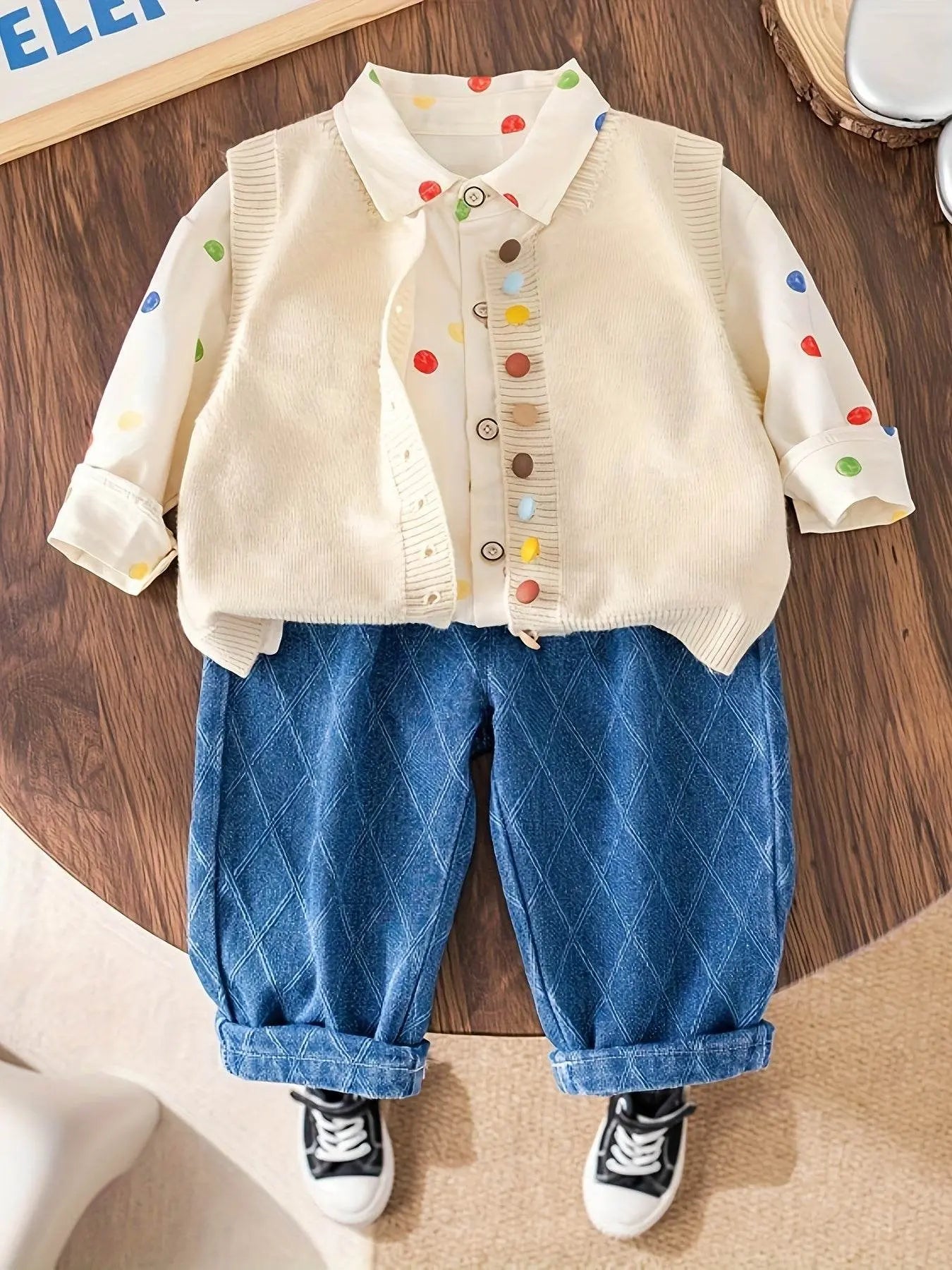 Shirt Sweater Cardigan Kids Beige Color Three-Piece Set - IVORYNN