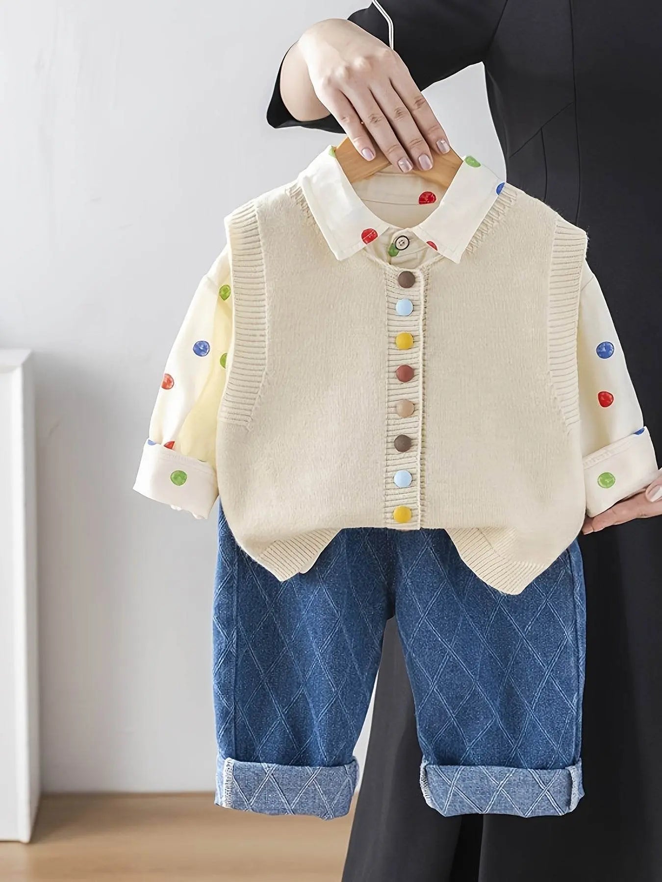 Shirt Sweater Cardigan Kids Beige Color Three-Piece Set - IVORYNN